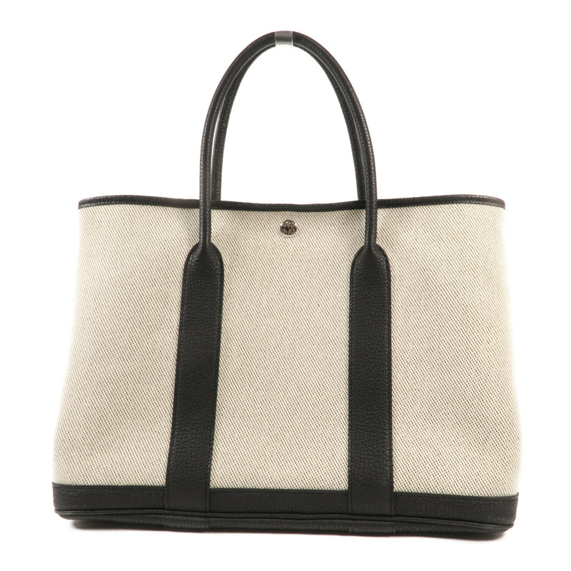 HERMES 帆布Garden Party PM銀扣手挽袋Black/White-1