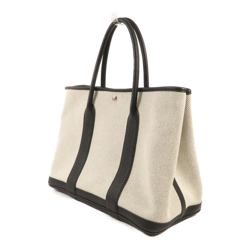 HERMES 帆布Garden Party PM銀扣手挽袋Black/White-2