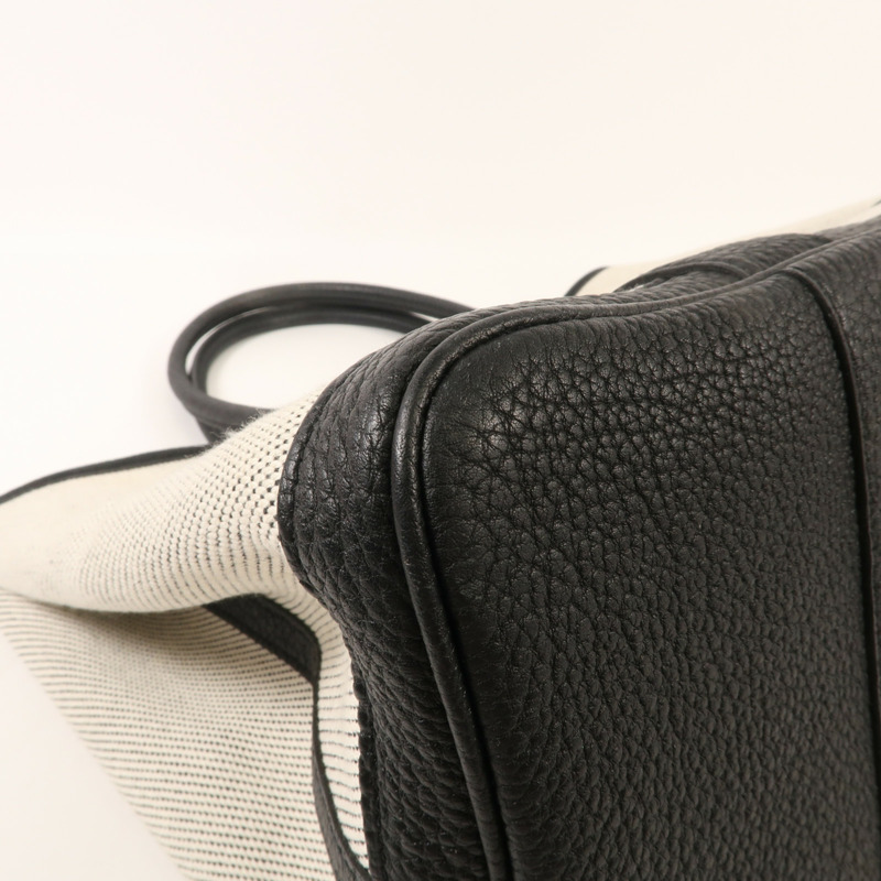 HERMES 帆布Garden Party PM銀扣手挽袋Black/White-5