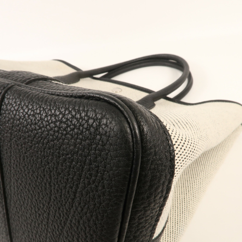 HERMES 帆布Garden Party PM銀扣手挽袋Black/White-6