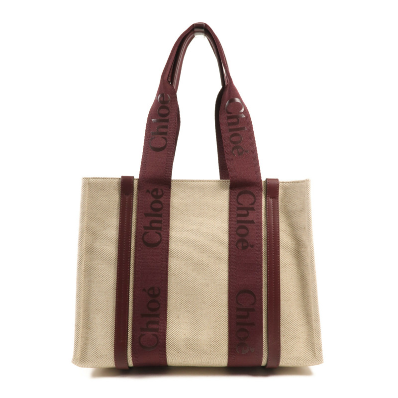 Chloe 麻質/皮革WoodyTote Bag Medium手挽袋-0