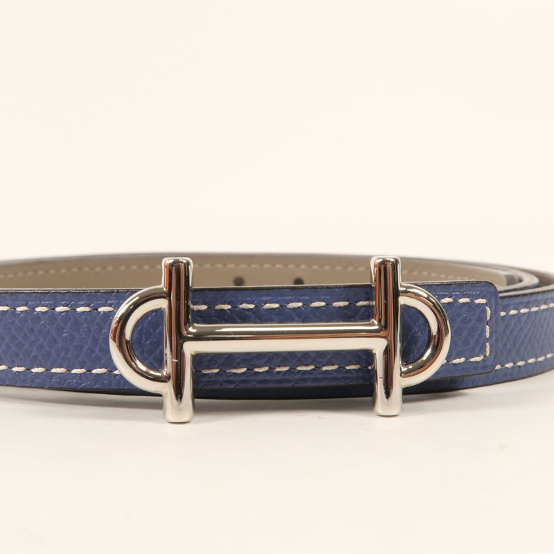 HERMES Espom/Evercolor皮革Gamma Belt 90cm銀扣皮帶Blue/Etoupe-2