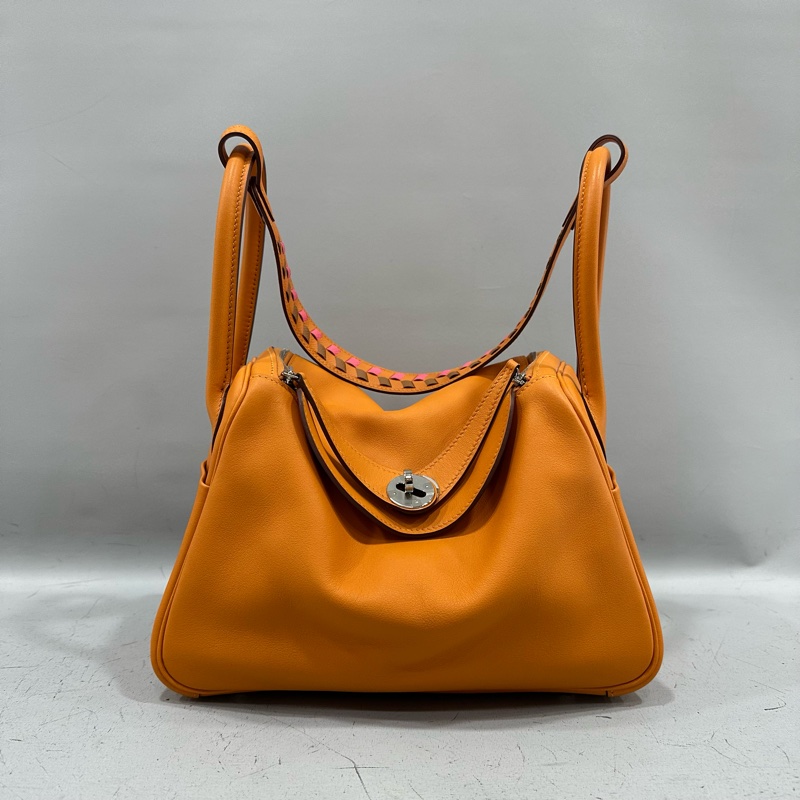 Hermes 橘swfit皮拼編織把手銀釦 lindy 26 c刻-0