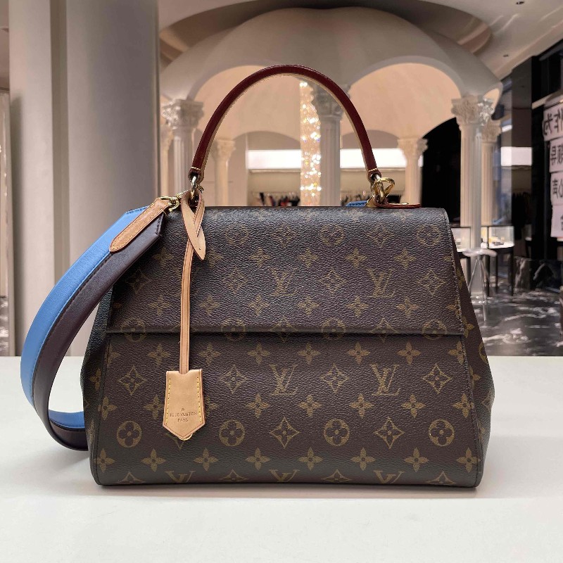 LV路易威登 Cluny MM 中號手袋 手提包 翻蓋包 老花棕色/棕拼藍色肩帶 金扣-0