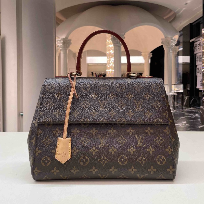 LV路易威登 Cluny MM 中號手袋 手提包 翻蓋包 老花棕色/棕拼藍色肩帶 金扣-1