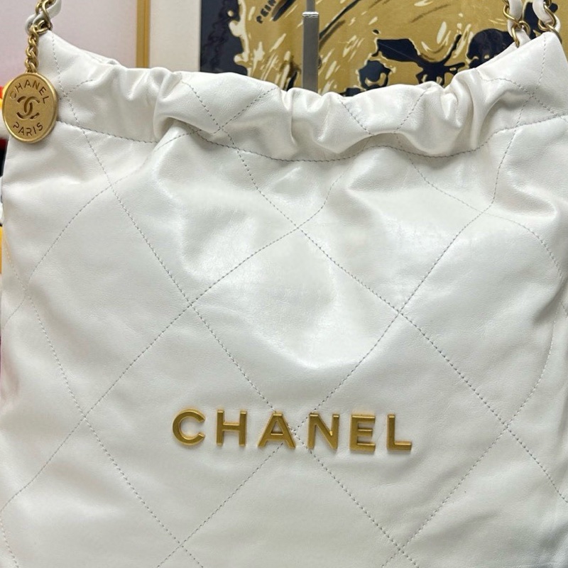 【近新閒置❤️】 Chanel  芯片款  22bag小號 白色購物袋垃圾袋 單肩包-4