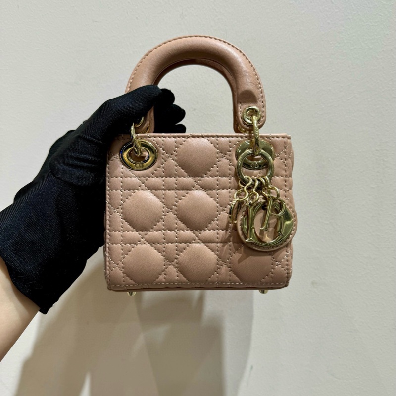 【全套❤️】DIOR Lady Dior 三格戴妃包 mini超迷你 玫瑰粉色 裸粉色 藤格紋羊皮-1