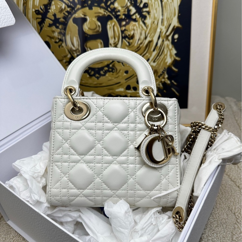 【全套❤️】Dior lady Dior三格 戴妃包 白色金扣 羊皮 手提斜挎包-0