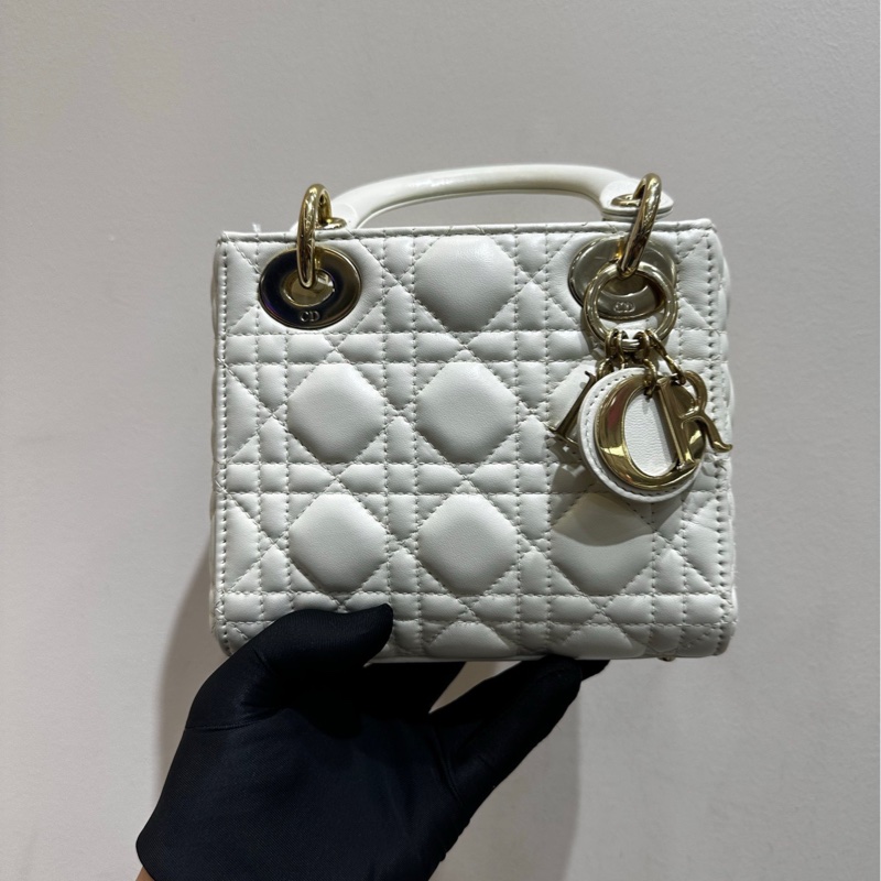 【全套❤️】Dior lady Dior三格 戴妃包 白色金扣 羊皮 手提斜挎包-1