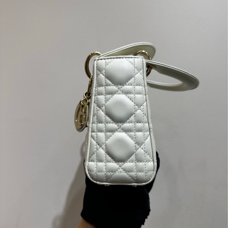 【全套❤️】Dior lady Dior三格 戴妃包 白色金扣 羊皮 手提斜挎包-4