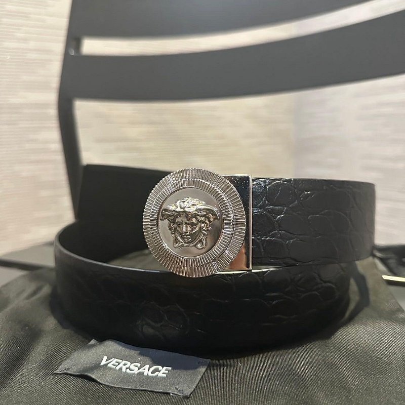 VERSACE 凡賽斯 女神頭 鱷魚紋 壓花 皮帶 雙面用 義大利製 寬4CM 原價24500-0