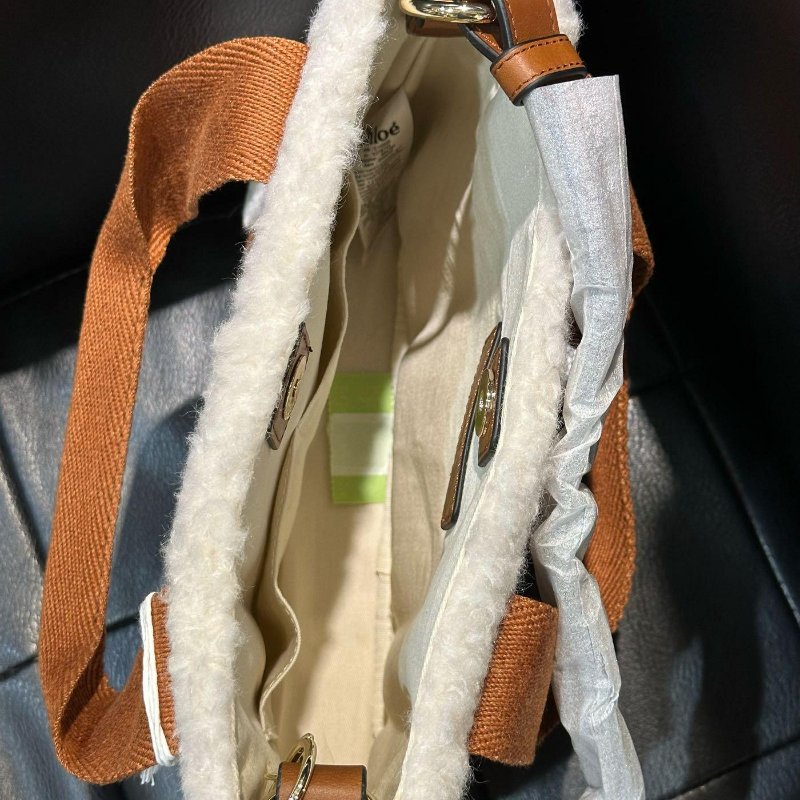 CHLOE 泰迪絨毛 手提 肩背包 焦糖 小 托特包 有背帶-7