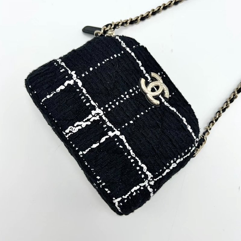 CHANEL 24K黑白格紋毛呢貝殼鏈條包 15.5*12*5 全新閒置配件盒子塵袋-1