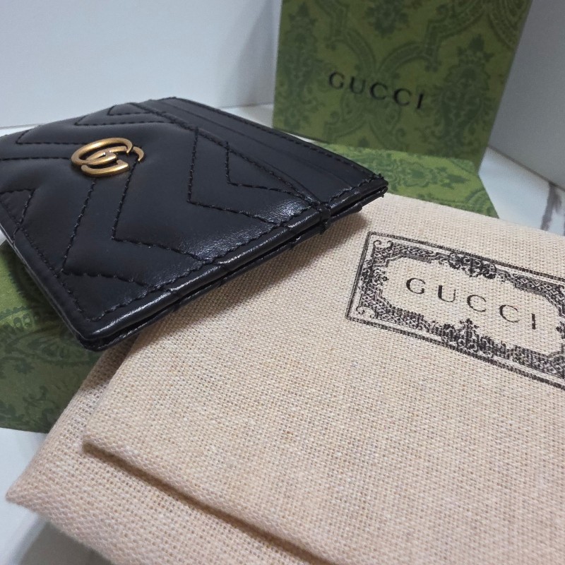 GUCCI 經典GG Marmont LOGO牛皮萬用卡夾 黑色金扣-9
