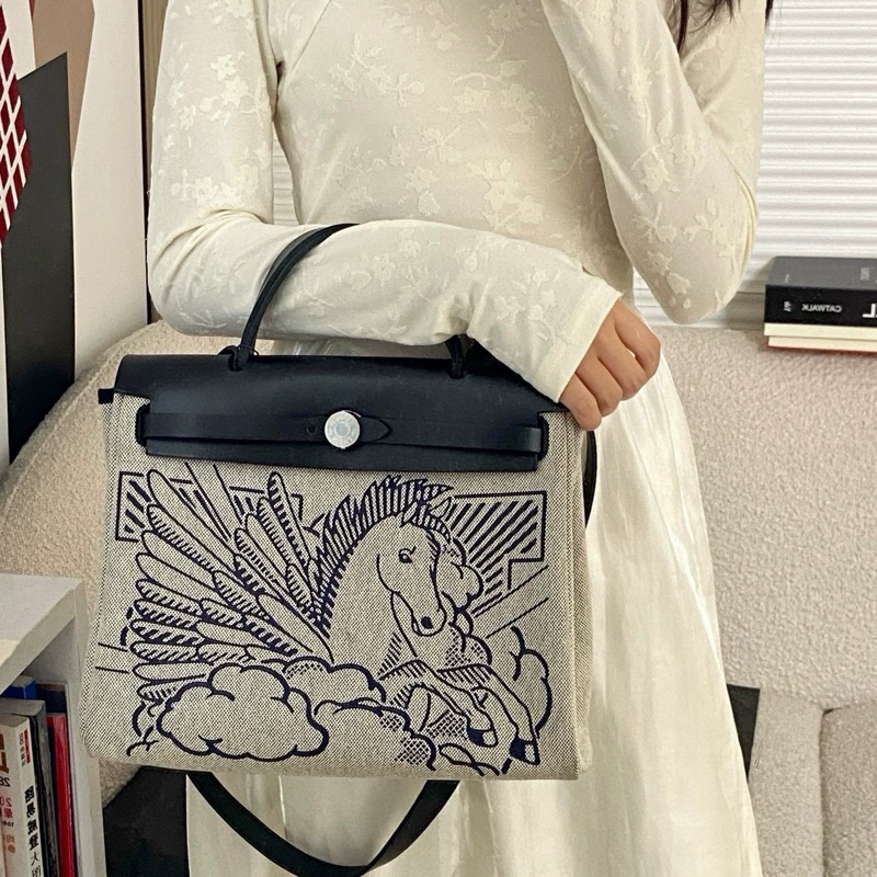 Hermes herbag 飛馬 帆布拼皮 Y刻 (缺少鎖 鑰匙 皮牌)-8