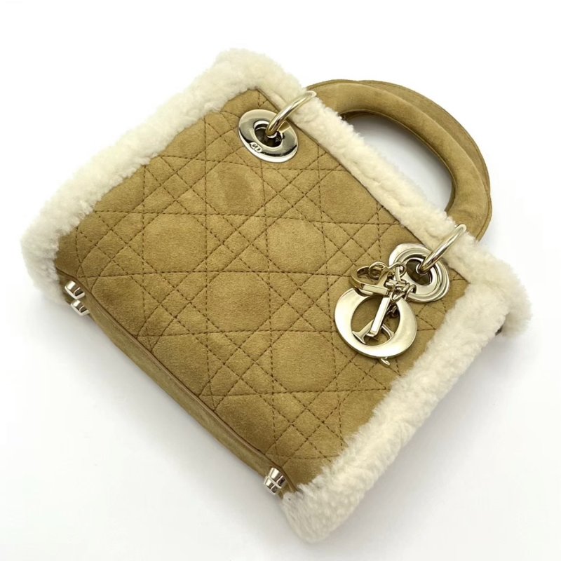 DIOR 棕色羊羔毛三格戴妃手提斜背包 18*15*9 99新配件塵袋-3