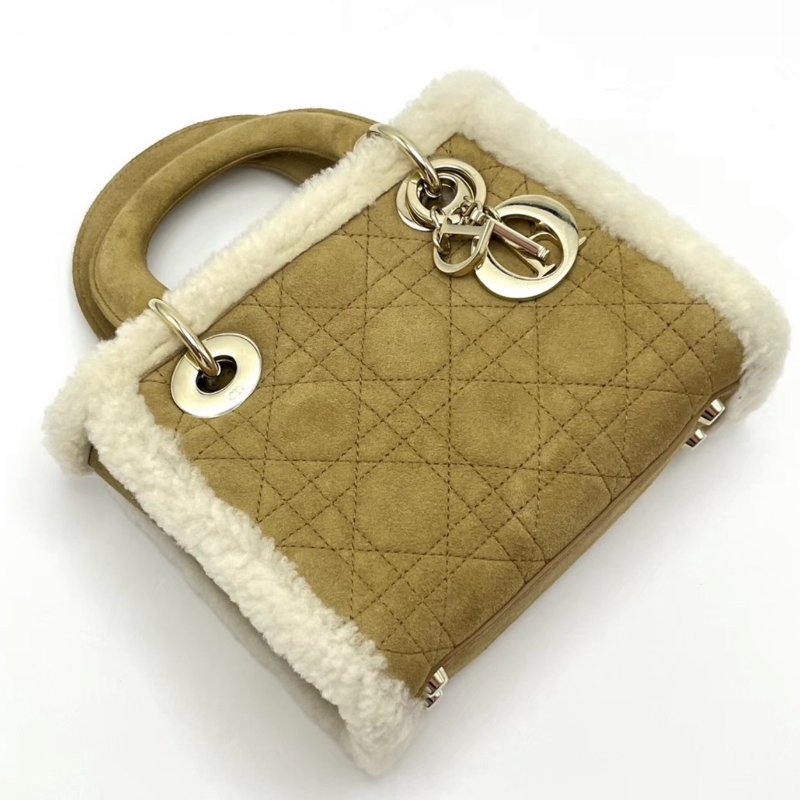 DIOR 棕色羊羔毛三格戴妃手提斜背包 18*15*9 99新配件塵袋-4