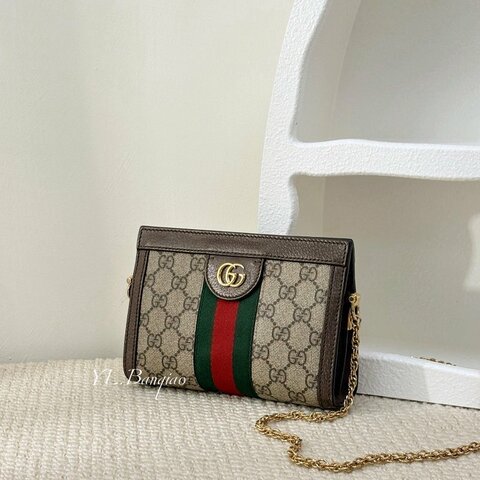 Gucci Ophidia mini老花拼棕牛皮磁吸金鍊側背包602676