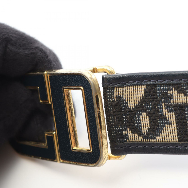 Christian Dior CD Buckle Trotter 腰帶 帆布 皮革 海軍藍 米色 二手 女款 GHW-6