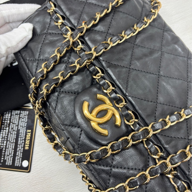 Chanel 黑金牛皮 滾邊翻蓋鏈條包 尺寸約29*17 鐳射17開 附件卡、塵袋。-1