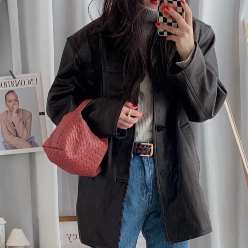 BV 橘粉色 全皮編織手提hobo 飯盒包 約22*14*10-1