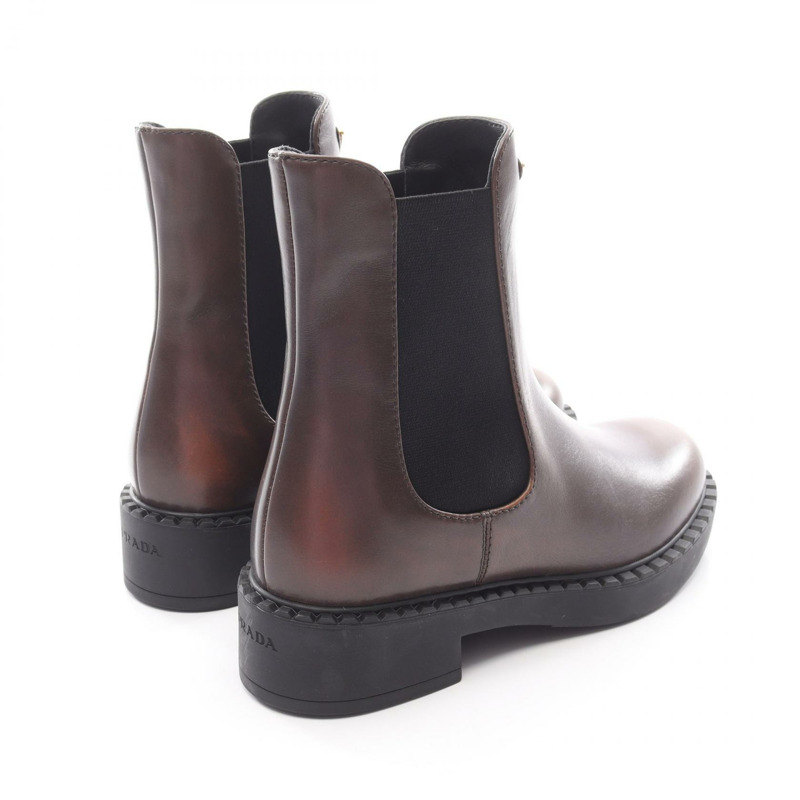 PRADA 切爾西短靴鞋皮革棕色三角形標誌二手女款 #38-1