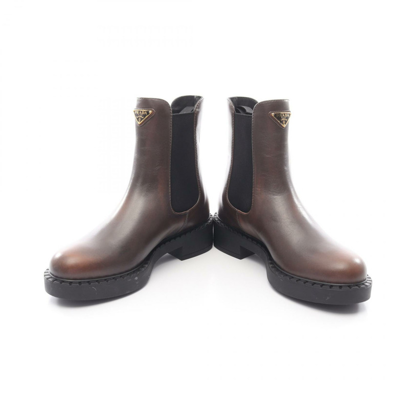 PRADA 切爾西短靴鞋皮革棕色三角形標誌二手女款 #38-2