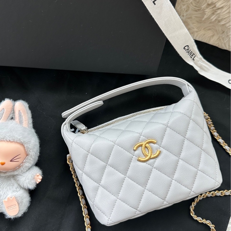 【配件：防塵袋 💕】Chanel 25P 飯盒包 灰色 拉絲金扣 大logo 荔枝牛皮 手提 單肩 斜挎-1