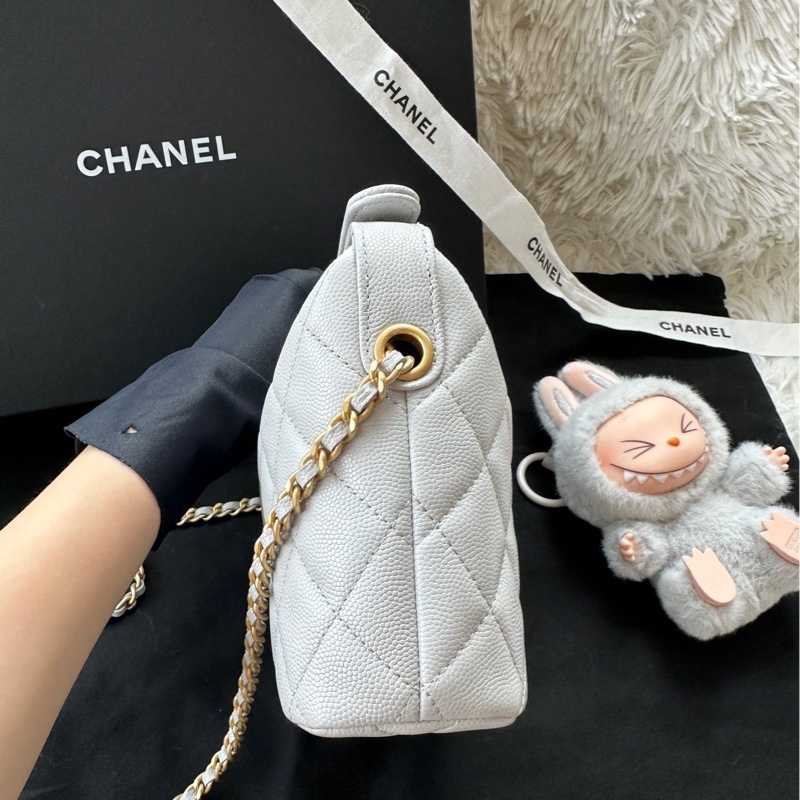 【配件：防塵袋 💕】Chanel 25P 飯盒包 灰色 拉絲金扣 大logo 荔枝牛皮 手提 單肩 斜挎-3