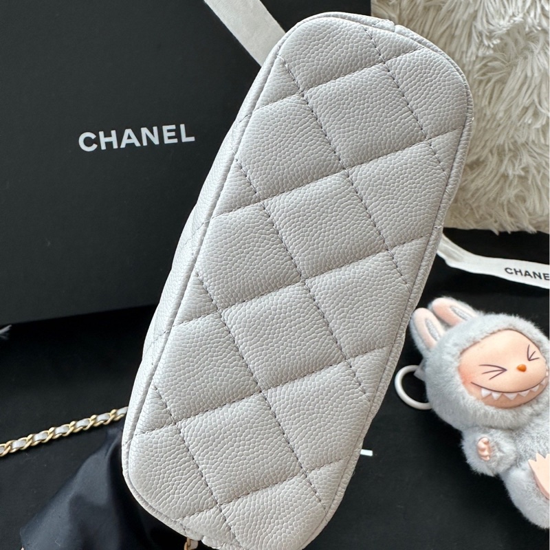 【配件：防塵袋 💕】Chanel 25P 飯盒包 灰色 拉絲金扣 大logo 荔枝牛皮 手提 單肩 斜挎-5