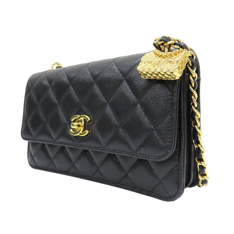 黑色 牛皮 菱格紋 荔枝牛皮 WOC 鍊帶 肩背包 金扣【CHANEL 香奈兒】 AP3318-2