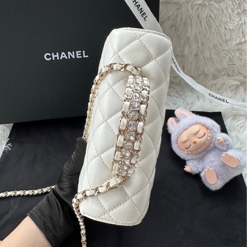 【❤️ 配件:原票大全套】Chanel 23A 水鑽手柄 cf mini 白金 白色 金扣 手提 單肩 斜挎-3
