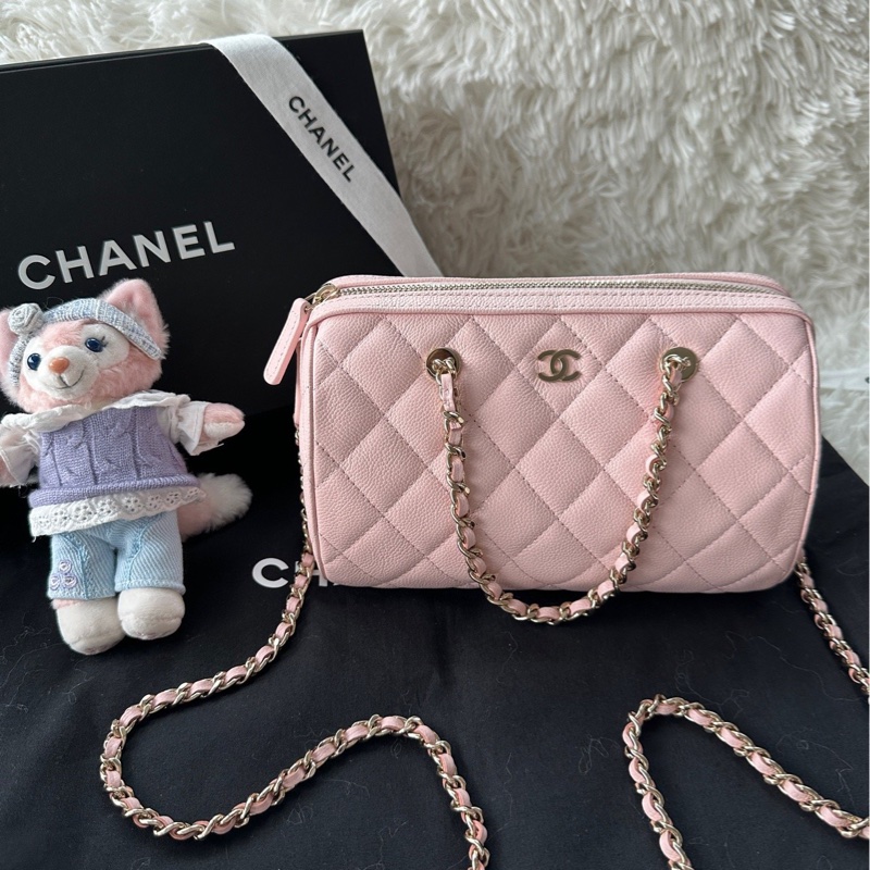 【配件:防塵袋 💕】chanel 25S 保齡球 粉色 櫻花粉  淺粉色 金扣 手提 單肩 斜挎 荔枝牛皮-0