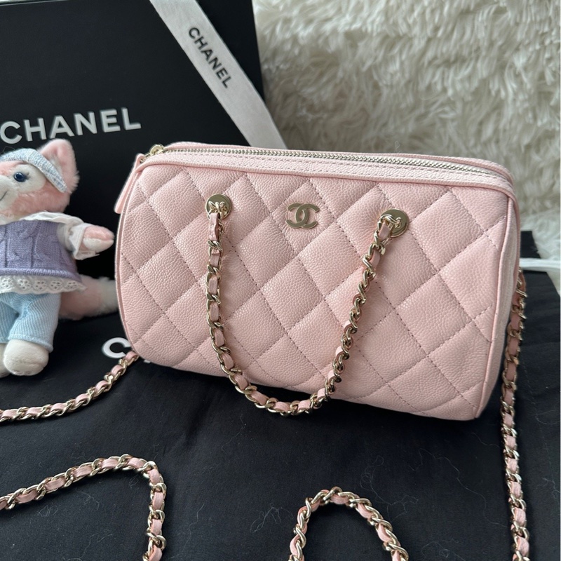 【配件:防塵袋 💕】chanel 25S 保齡球 粉色 櫻花粉  淺粉色 金扣 手提 單肩 斜挎 荔枝牛皮-1