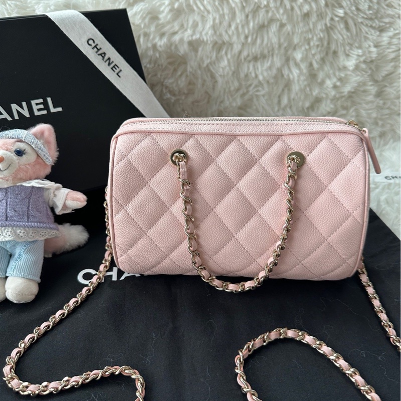 【配件:防塵袋 💕】chanel 25S 保齡球 粉色 櫻花粉  淺粉色 金扣 手提 單肩 斜挎 荔枝牛皮-2