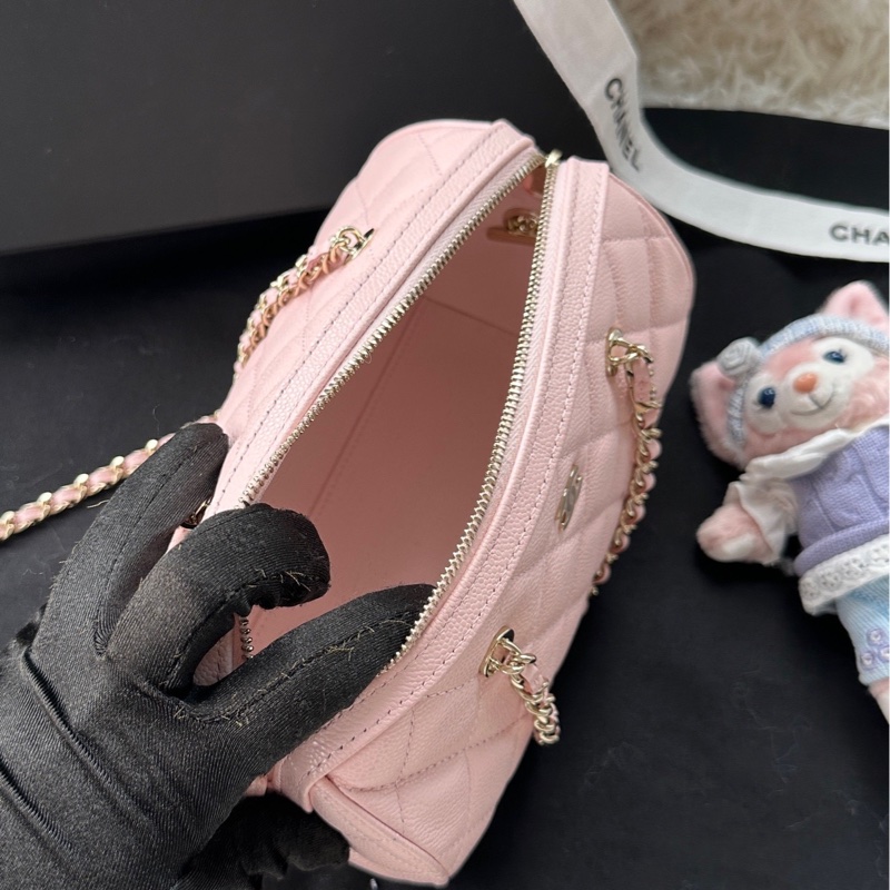 【配件:防塵袋 💕】chanel 25S 保齡球 粉色 櫻花粉  淺粉色 金扣 手提 單肩 斜挎 荔枝牛皮-6