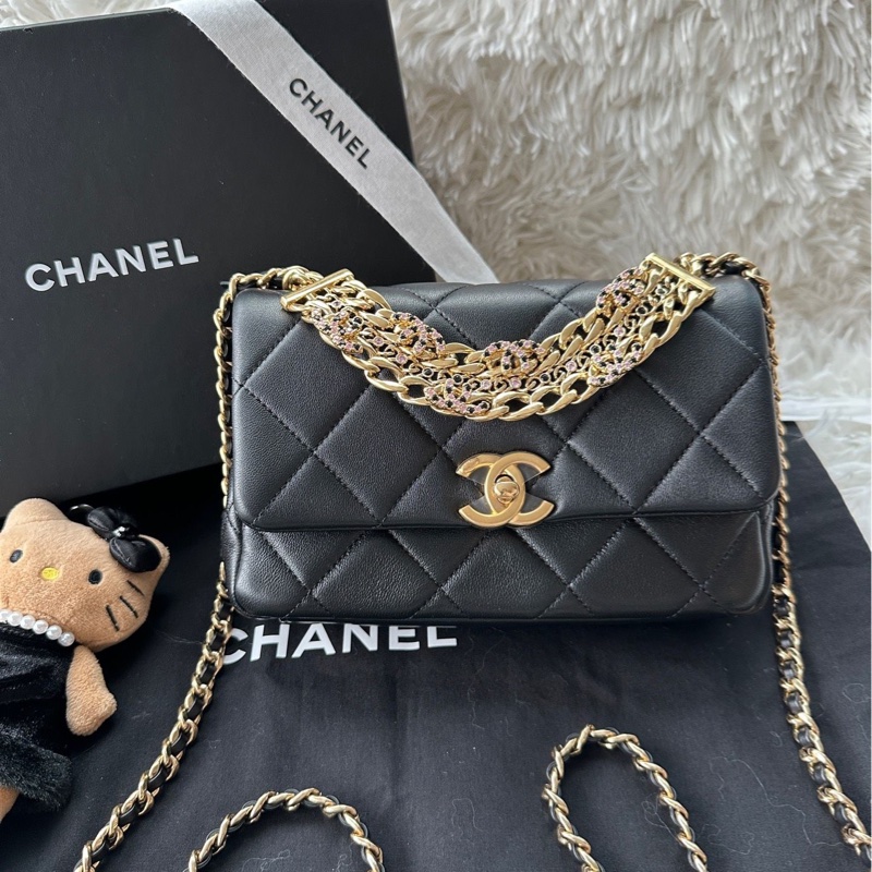 【配件：防塵袋 💕】Chanel 24C cf mini 黑金 黑色 金扣 粉鑽手柄 羊皮 手提 單肩 斜挎-0