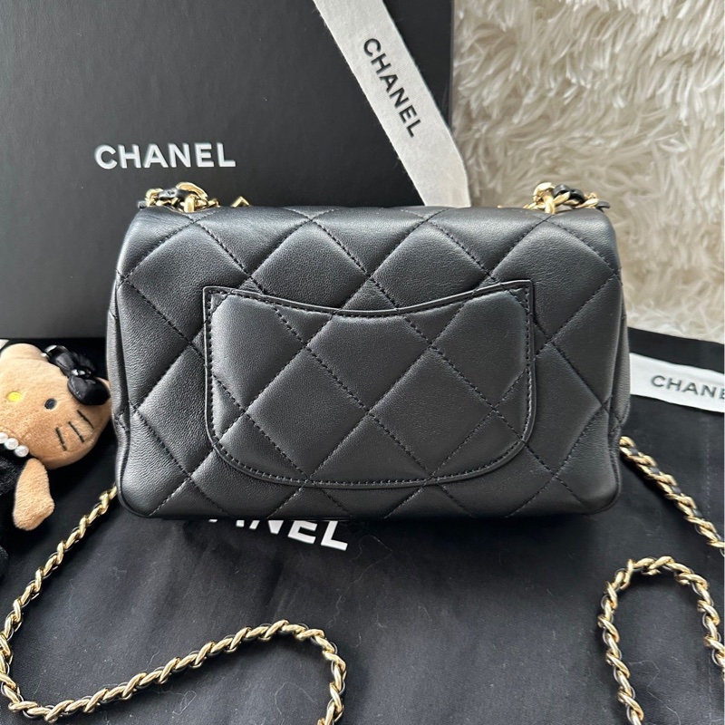 【配件：防塵袋 💕】Chanel 24C cf mini 黑金 黑色 金扣 粉鑽手柄 羊皮 手提 單肩 斜挎-1