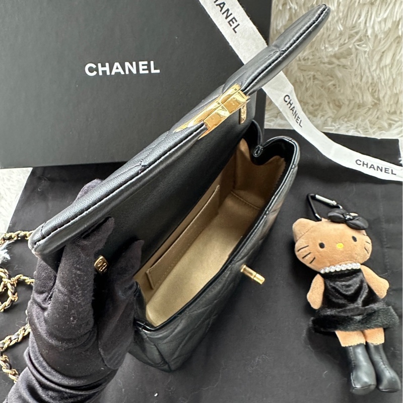 【配件：防塵袋 💕】Chanel 24C cf mini 黑金 黑色 金扣 粉鑽手柄 羊皮 手提 單肩 斜挎-5