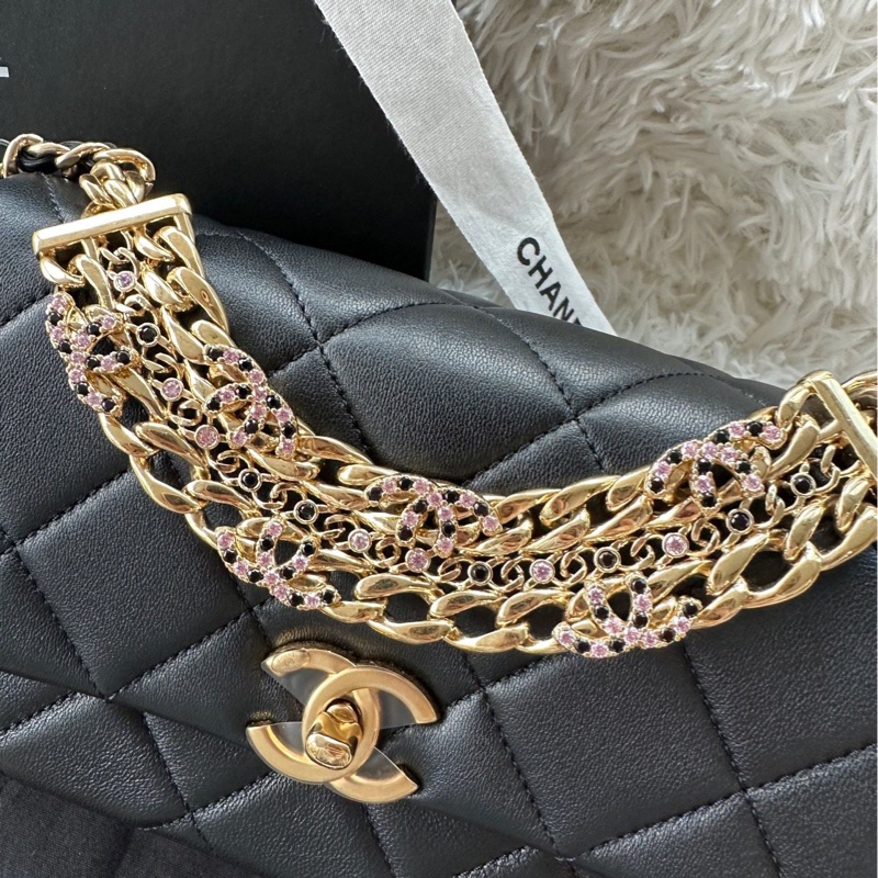 【配件：防塵袋 💕】Chanel 24C cf mini 黑金 黑色 金扣 粉鑽手柄 羊皮 手提 單肩 斜挎-6