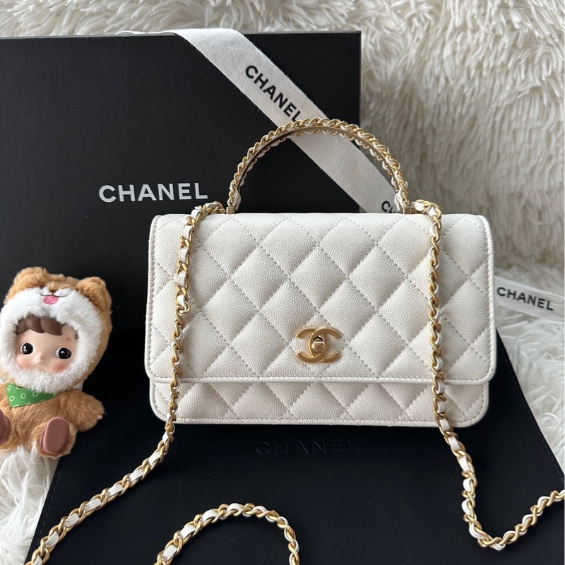 【配件：防塵袋 💕】Chanel 24A 手柄 woc 白金 白色 金扣 荔枝牛皮 手提 單肩 斜挎-0