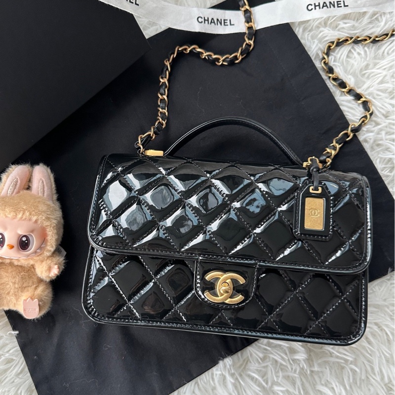 【配件：防塵袋 💕】Chanel 22K 公文包 小號 黑金 黑色 金扣 漆皮 牛皮 手提 單肩 斜挎-1