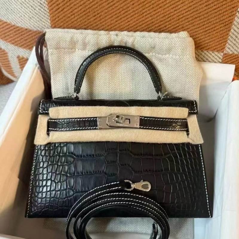 【稀有限量極品】HERMES MINI KELLY 黑銀 白車線 馬蹄 雙色 內拚白-0