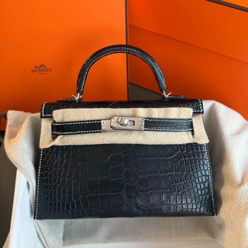【稀有限量極品】HERMES MINI KELLY 黑銀 白車線 馬蹄 雙色 內拚白-1