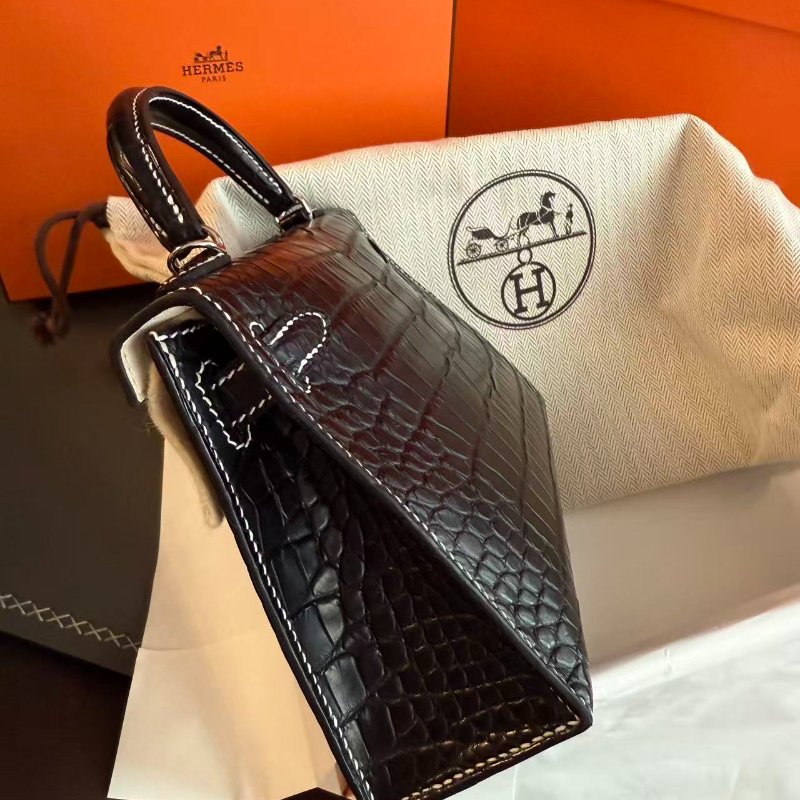 【稀有限量極品】HERMES MINI KELLY 黑銀 白車線 馬蹄 雙色 內拚白-3