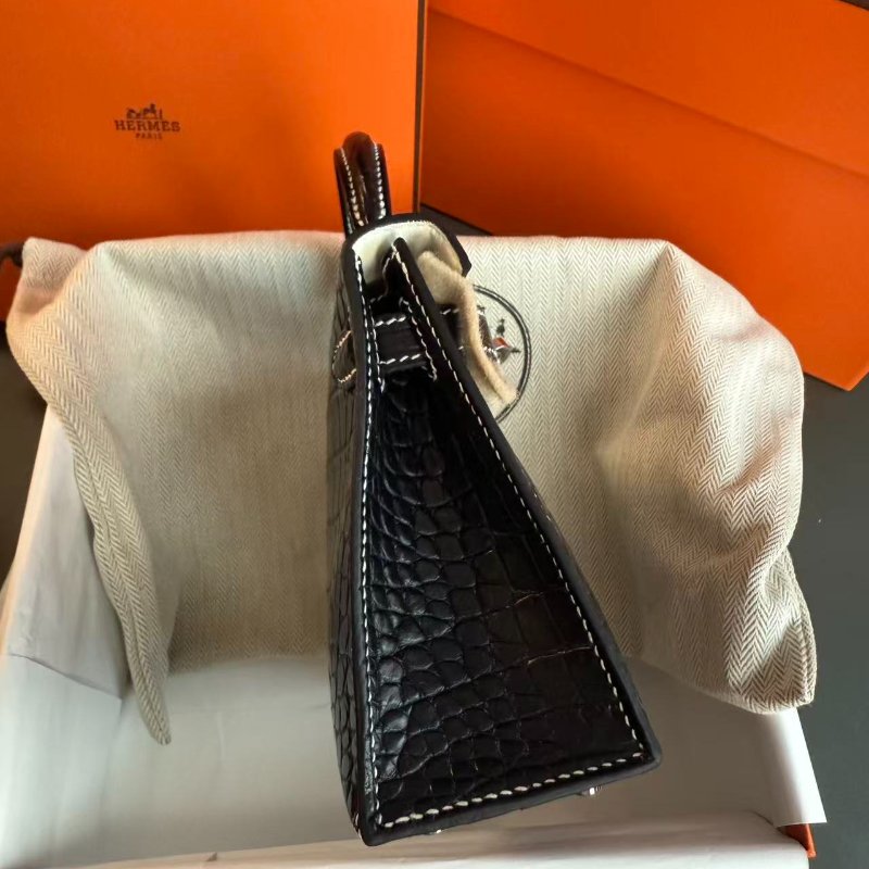 【稀有限量極品】HERMES MINI KELLY 黑銀 白車線 馬蹄 雙色 內拚白-4