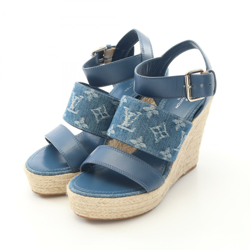 LOUIS VUITTON 星空板線高跟涼鞋 1A7RA8 牛仔布皮革二手 #36.5 LV-0
