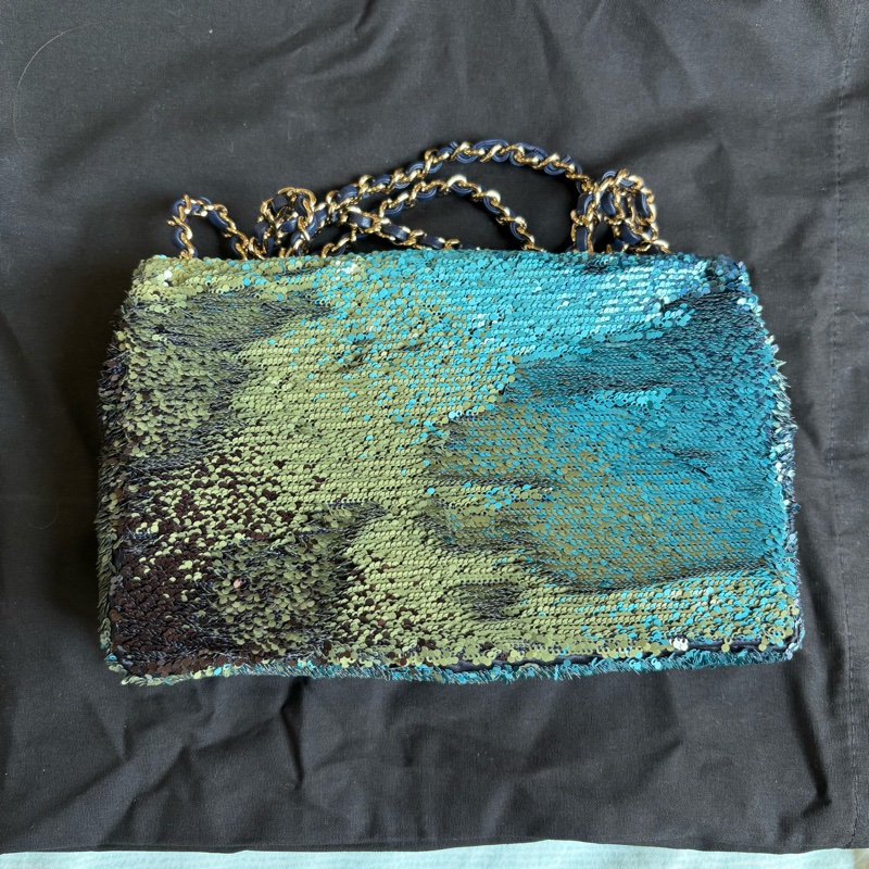 Chanel 手工坊藍綠漸層亮片經典口蓋包 mini CF-8