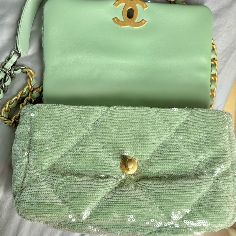 Chanel 薄荷綠 亮片金釦 19 bag 經典口蓋包 小號26cm-6