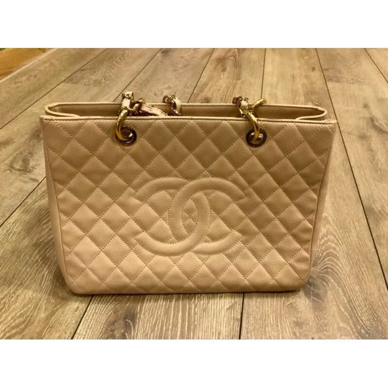 CHANEL 香奈兒荔枝皮奶茶色GST單肩包 荔枝皮金鍊豆腐包 二手-0